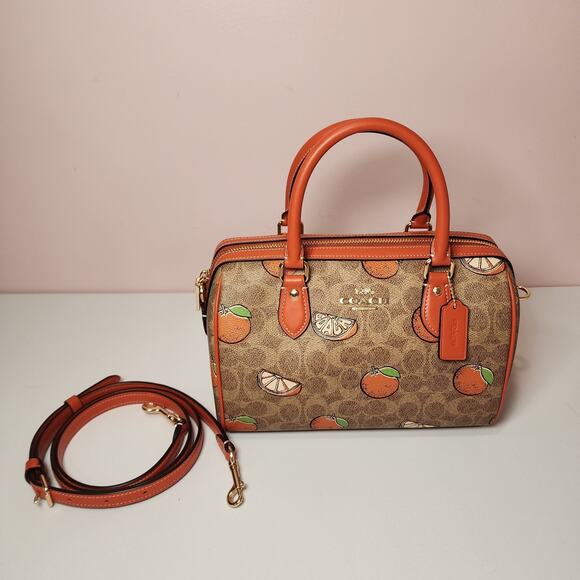 Coach Rowan Satchel Bag In Signature Canvas With Orange Print CAQ61 - Picture 1 of 8